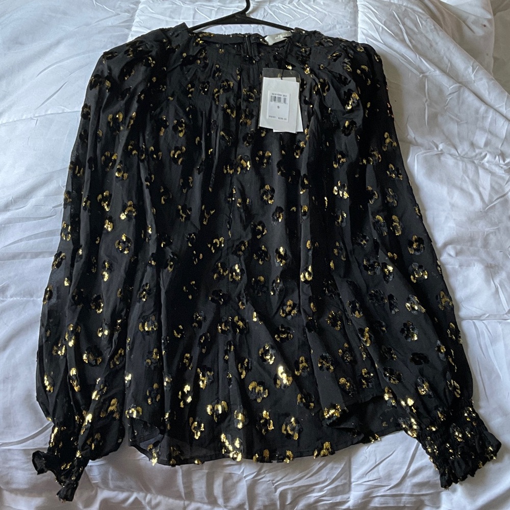 7 For All Mankind Black Blouse with Gold Pattern